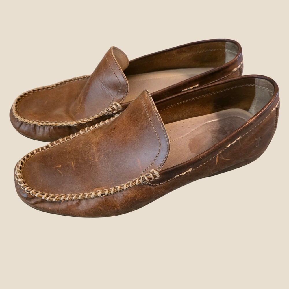 Frye Mens Lewis Venetian Loafers Cognac Leather Slip On Shoes Brown Size 10.5